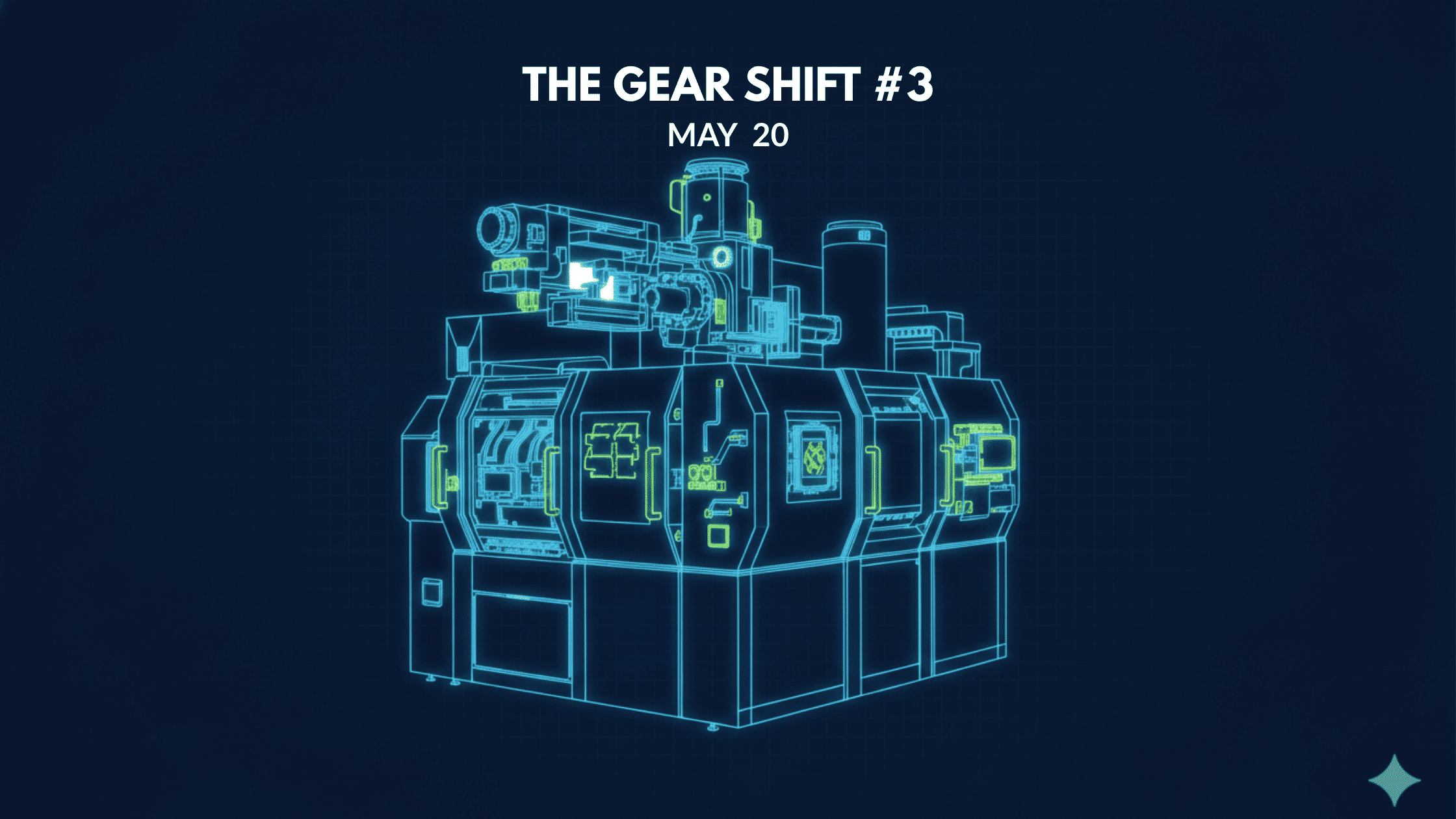 Gear Shift #3: ASML lithography machine silhouette against deep blue backdrop overlaid with India map nodes highlighting Dholera, Jagiroad and Kolkata in Nitisagar brand colours.