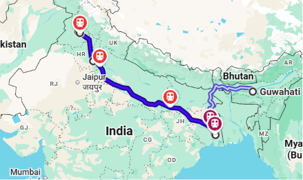 Eastern Dedicated Freight Corridor route map showing the line from Ludhiana to Dankuni through Jaipur and Kanpur, with gap to Guwahati via Siliguri Corridor