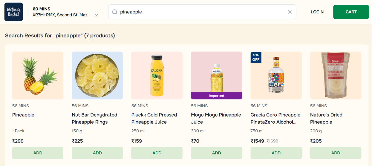 Nature's Basket pineapple product listings showing whole fruit at Rs 299, dehydrated rings at Rs 225 for 150g, cold pressed juice at Rs 159 for 250ml, and dried pineapple at Rs 205 for 200g