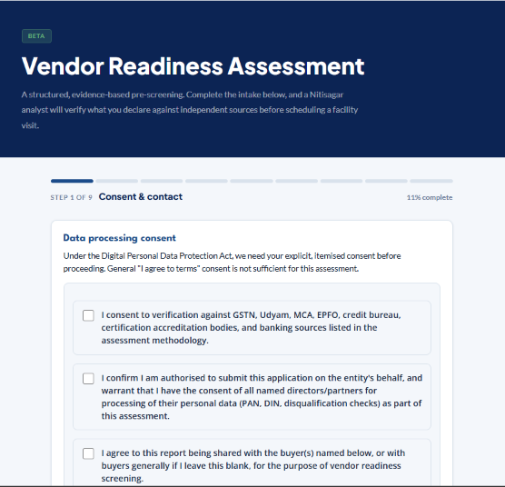 VRA intake form step 1 of 9 showing itemised DPDP consent checkboxes for source verification against GSTN, MCA, EPFO