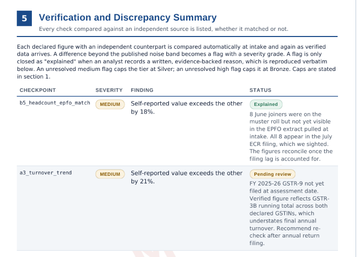 VRA verification and discrepancy summary listing checkpoint, severity grade, finding, and reconciliation status for each source-checked item